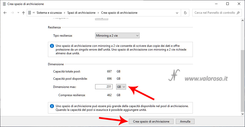 Storage Spaces, creating 2-way mirroring, maximum size virtual unit security data failures redundancy Windows 10, creates storage space