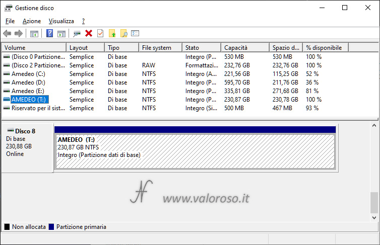 Spazi di Archiviazione, mirroring a 2 vie, pool archiviazione creato, unità virtuale gestione disco, Windows 10