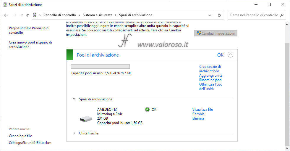 Spazi di Archiviazione, mirroring a 2 vie, pool archiviazione creato, unità virtuale sicurezza guasti dati ridondanza Windows 10, ottimizza l'uso dell'unità, rinomina pool, aggiungi unità