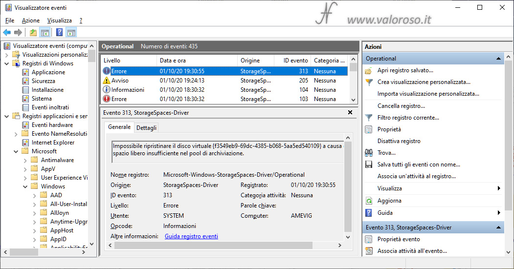 Spazi di Archiviazione, mirroring, errore 313 visualizzatore eventi Windows 10, storagespaces-driver, registri applicazioni e servizi, microsoft, windows