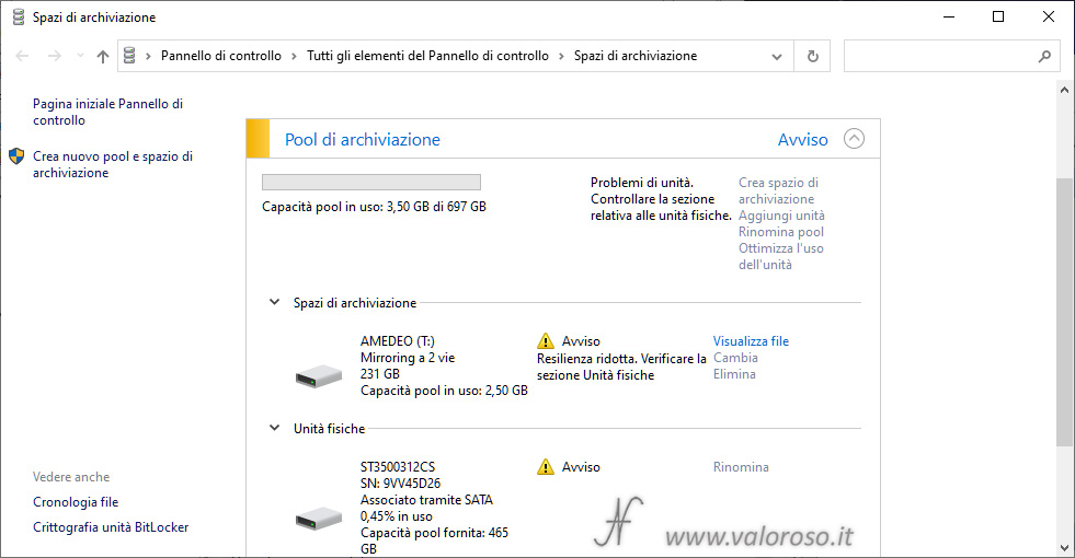 Spazi di Archiviazione, mirroring, problema errore, resilienza ridotta pool, avviso, controllare la sezione relativa alle unità fisiche