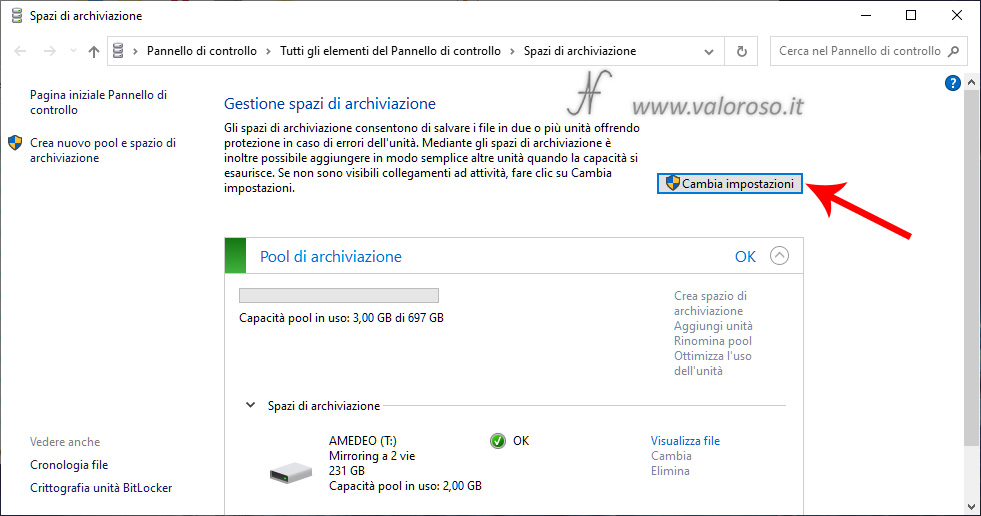 Eliminazione Spazi di Archiviazione di Windows 10, mirroring, rimozione eliminazione pool, cambia impostazioni, pool di archiviazione, mirroring a 2 vie, gestione spazi di archiviazione