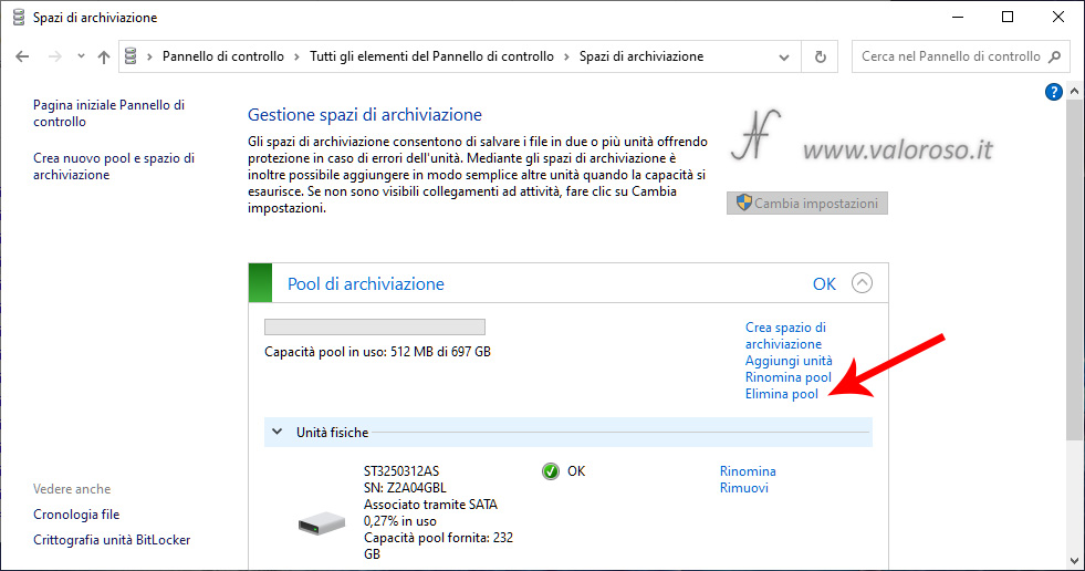 Spazi di Archiviazione, mirroring, rimozione eliminazione pool, elimina pool