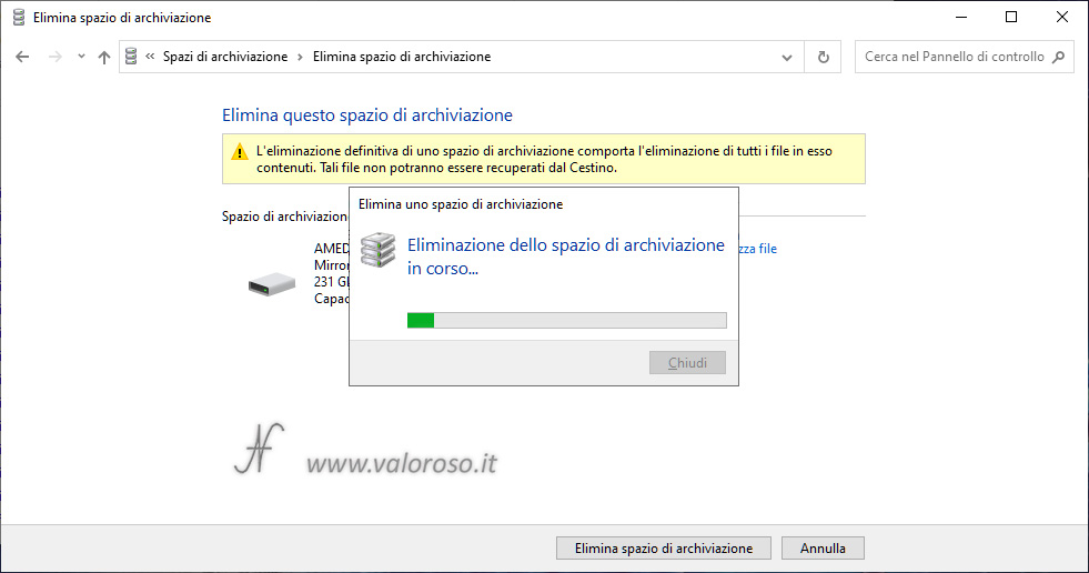 Eliminazione Spazi di Archiviazione di Windows 10, mirroring, rimozione eliminazione pool, eliminazione spazio archiviazione