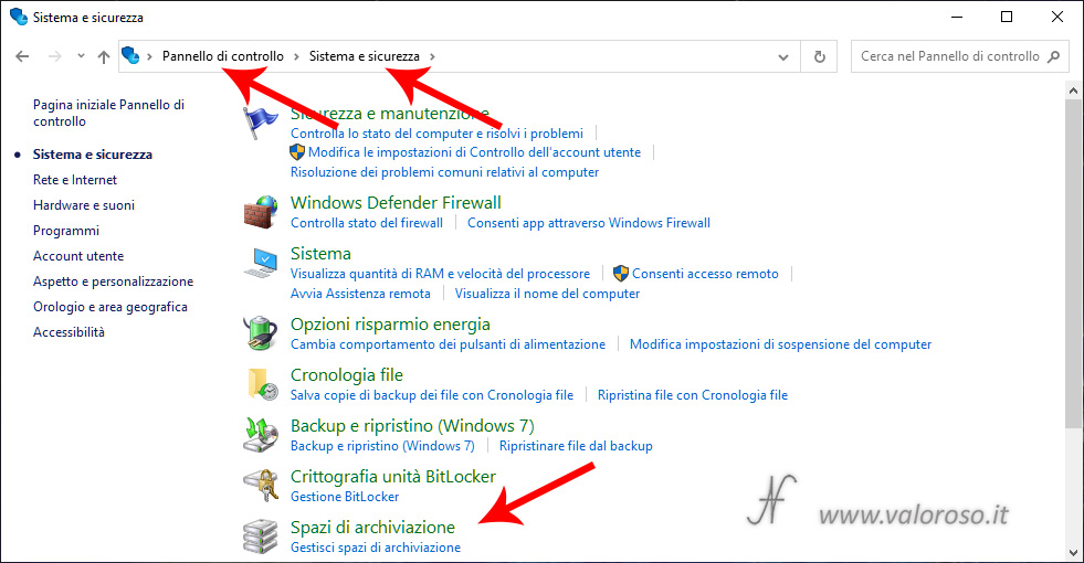 Spazi di Archiviazione, mirroring volumi raid sicurezza dati ridondanza, Windows 10, pannello di controllo, sistema e sicurezza