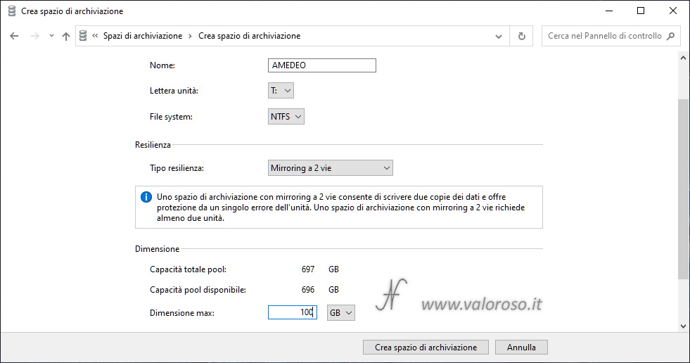 Spazi di Archiviazione, prima unità virtuale mirroring nello stesso pool di archiviazione, Windows 10, mirroring a 2 vie