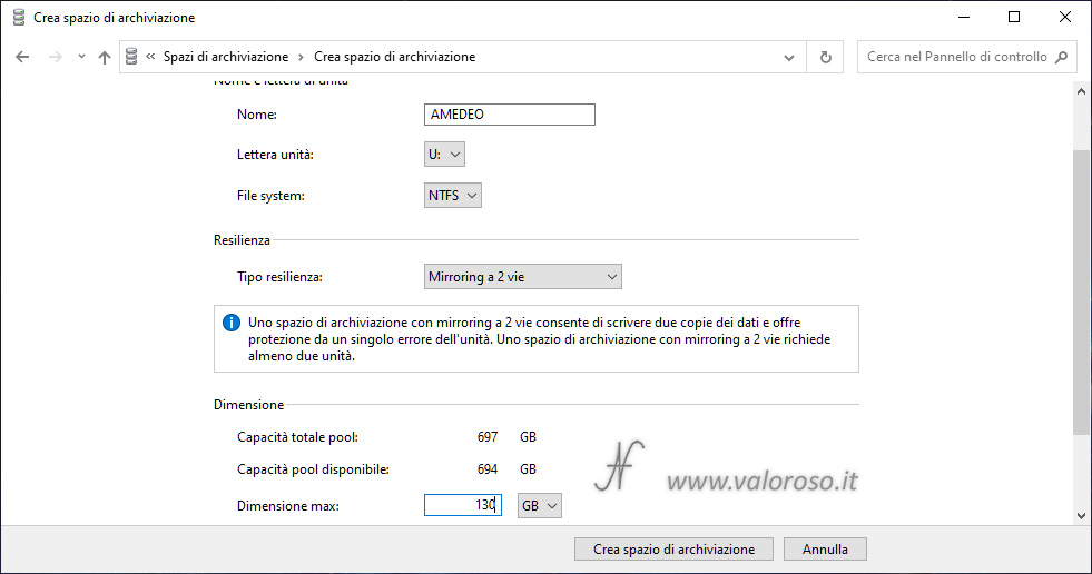 Seconda unità virtuale mirroring stesso pool di archiviazione, Windows 10, mirroring a 2 vie