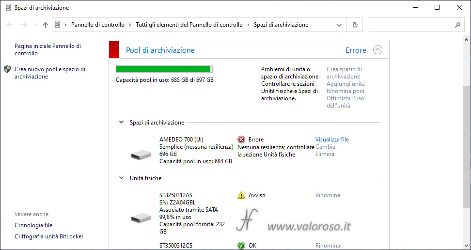 Spazio di Archiviazione semplice Windows 10, guasto hard disk, nessuna resilienza, problemi con i file, file mancanti
