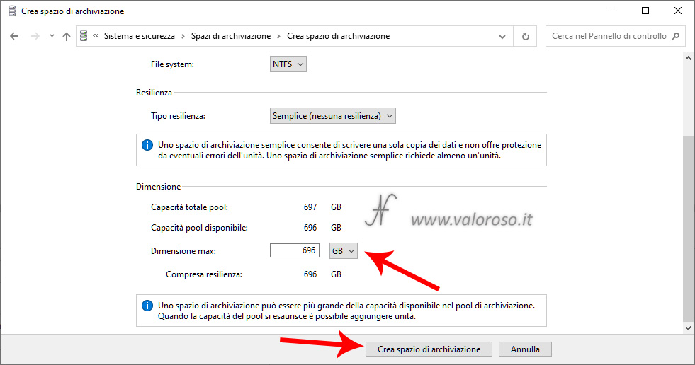 Storage, simple no resiliency, storage creation, maximum size, Windows 10