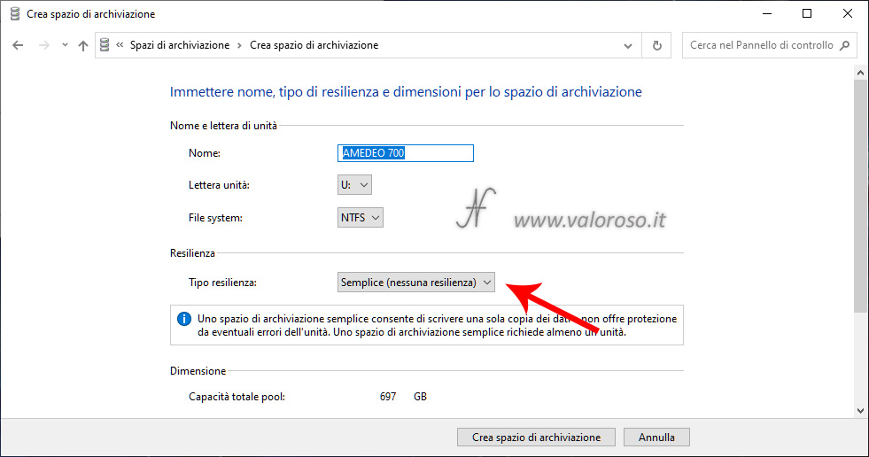 Spazio di Archiviazione, semplice, nessuna resilienza, creazione unità virtuale, Windows 10