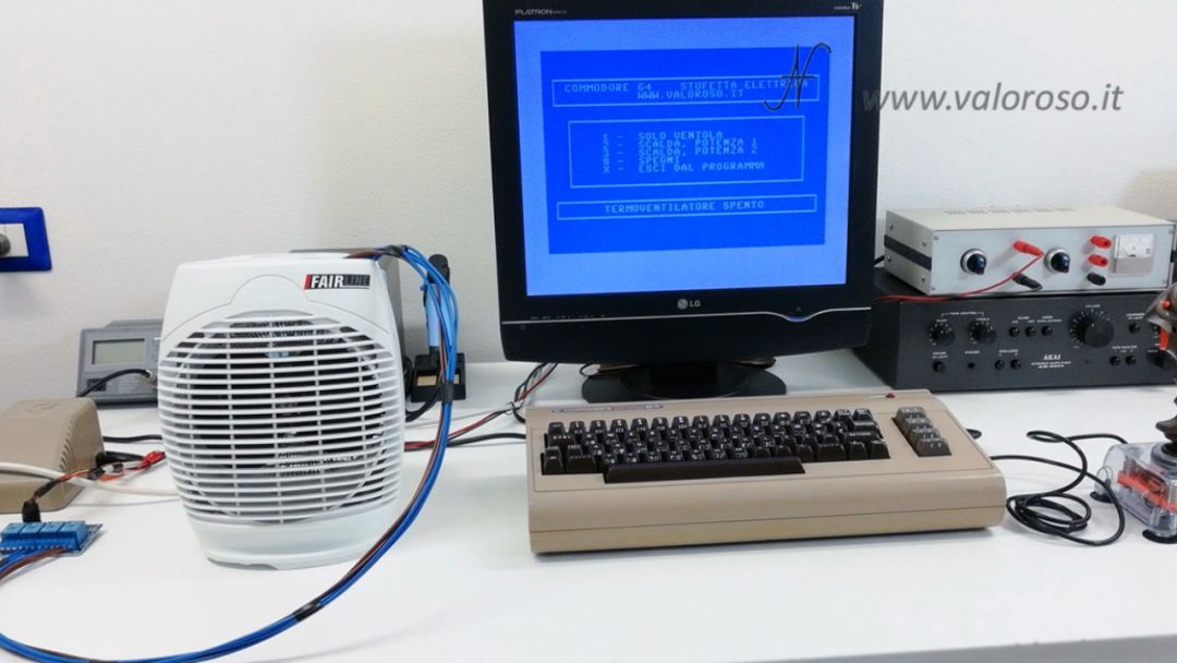 Electric heater connected controlled user port of the Commodore 64 basic fan heater, joystick