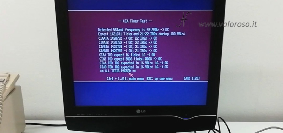 Test Commodore Amiga 1200, AmigaTestKit 1-20, CIA timers test, VBL, pass, [ATK 1.20] by Keir Fraser, Detected VBlank frequency is 49.93Hz, CIAATA, CIAATB, CIABTA, CIABTB, CIAA TOD, CIAB TOD, IRQ, all tests passed