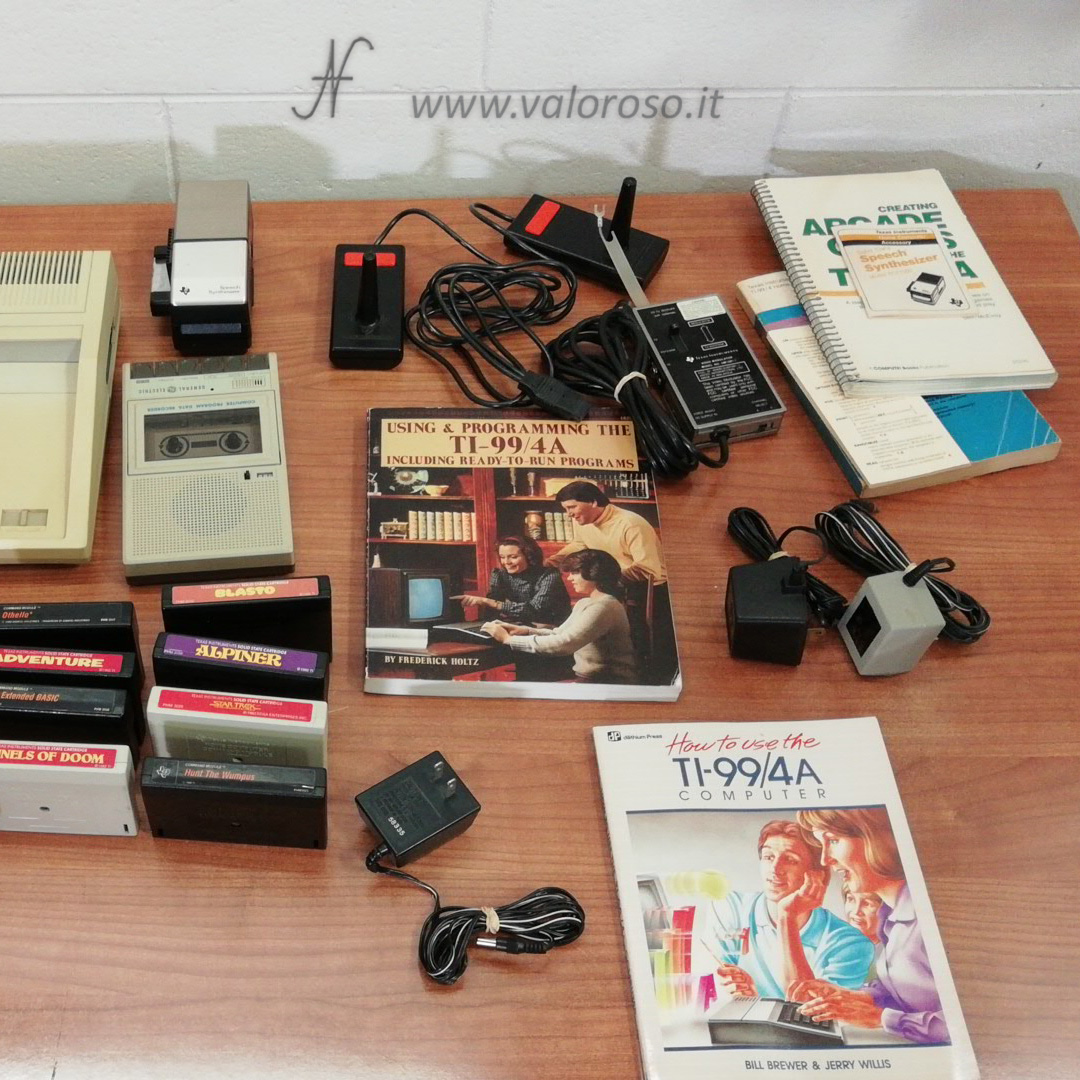 Texas Instruments TI-99/4A TI99-4A retro vintage computer, accessories lot, cartridges, joystick manuals, power supply, speech synthesizer