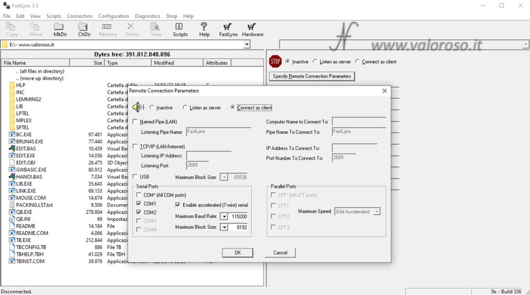 Trasferire file vecchi computer, FastLynx 3.3, remote connection parameters