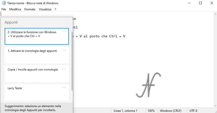 Shortcuts da tastiera Windows 10, cronologia degli appunti, incolla con memoria, Windows + V al posto di Ctrl + V