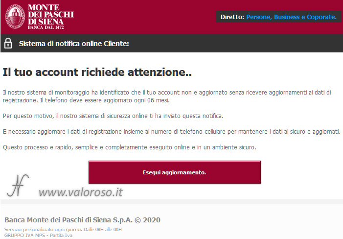 Truffa banca Monte dei Paschi di Siena, eMail, come proteggersi, evitare, attenzione