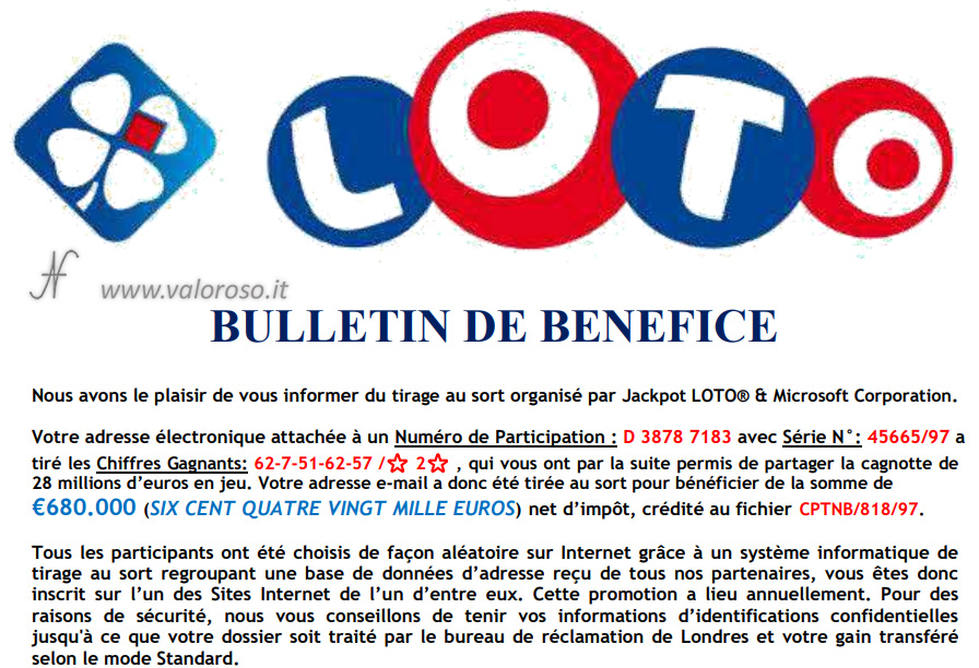 Truffa finta vincita lotteria lotto, denaro, soldi, eMail, come proteggersi, evitare, attenzione, phishing