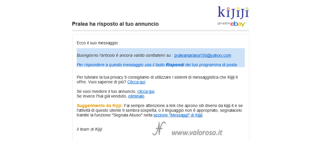 Truffa Subito Kijiji Facebook Marketplace, messaggio email, come proteggersi, evitare, attenzione