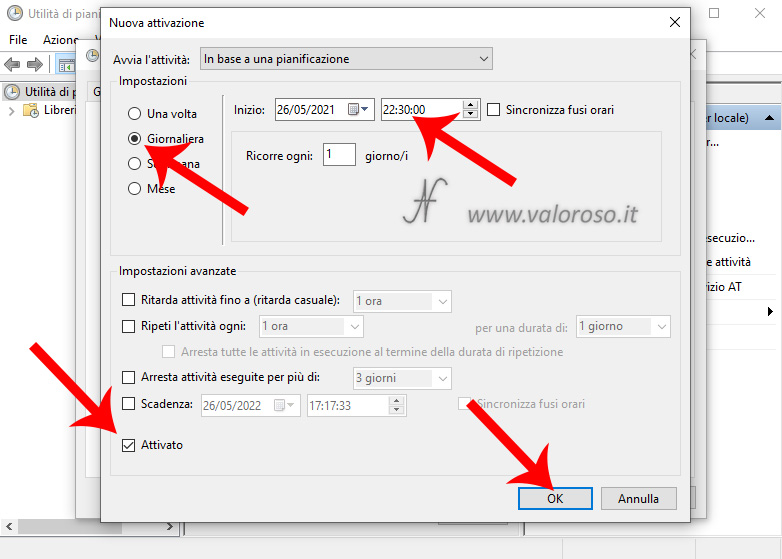 Windows 10 scheduling utility, Create task, Activation, New daily activation time date time activated