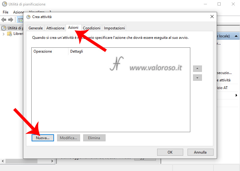 Utilita di pianificazione Windows 10, Crea attivita, Azioni, Nuova, Operazione, Spegnere automaticamente il PC ad un orario stabilito