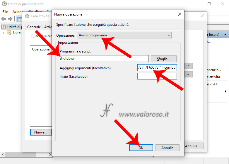 Schedule utility Windows 10, Create task, Actions, New task, shutdown program or script, add arguments, automatically turn off the PC at a set time, computer, scheduled time, set time