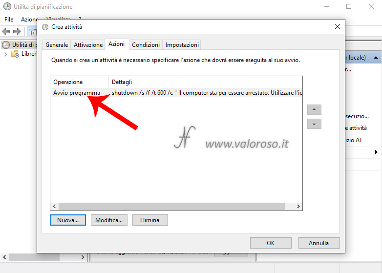 Utilita di pianificazione Windows 10, Crea attivita, Azioni, Riepilogo operazione dettagli