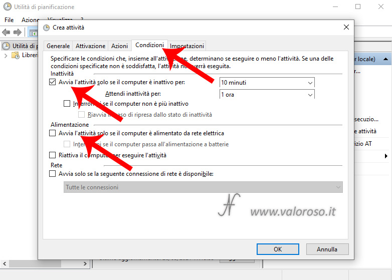 Utilita di pianificazione Windows 10, Crea attivita, Condizioni, Avvia l'attivita solo se il computer e inattivo per, solo se il computer e alimentato da rete elettrica, spegnere il computer automaticamente se non lo utilizzo