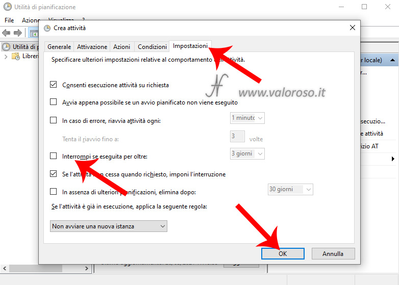 Windows 10 scheduling utility, Create task, Settings, Stop if followed for further, allow on-demand task execution