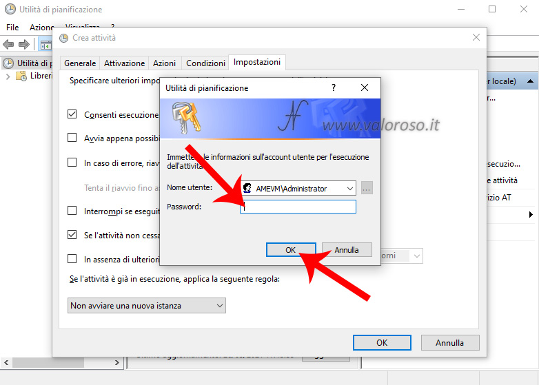 Utilita di pianificazione Windows 10, Crea nuova attivita, Immettere password amministratore