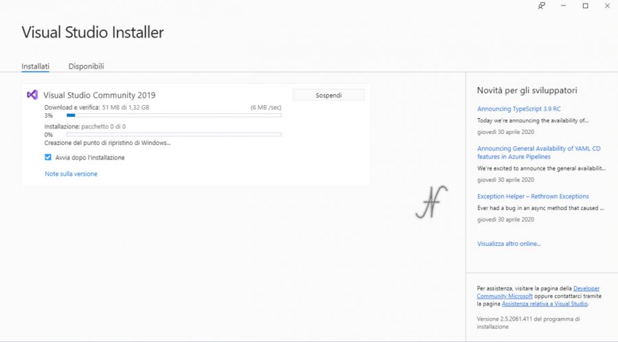 VB.NET 2019, Microsoft Visual Studio 2019, download, avanzamento installazione