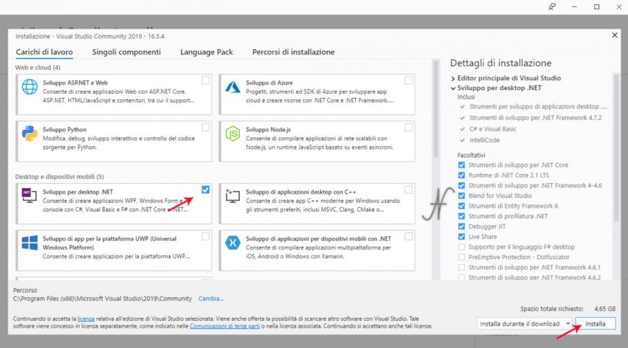 VB.NET 2019, Microsoft Visual Studio 2019, installazione applicazione Sviluppo per desktop .NET, installare gratuitamente Visual Basic