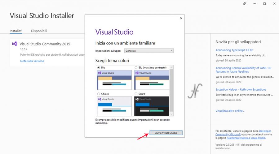 VB.NET, Visual Studio 2019, installazione, scelta tema colori, imparare a programmare