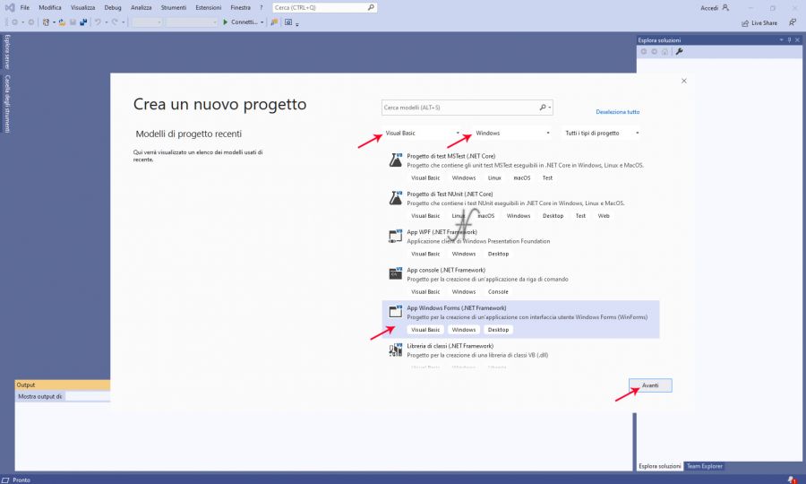 VB.NET, Visual Studio 2019, nuovo progetto windows forms, .NET framework, imparare a programmare con Visual Basic