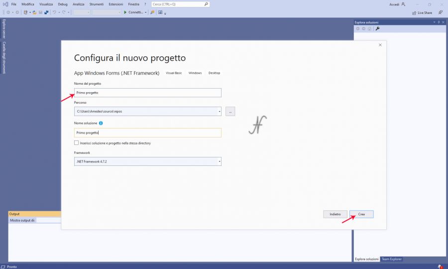 VB.NET, Visual Studio 2019, nuovo progetto windows forms, .NET framework, imparare a programmare con Visual Basic