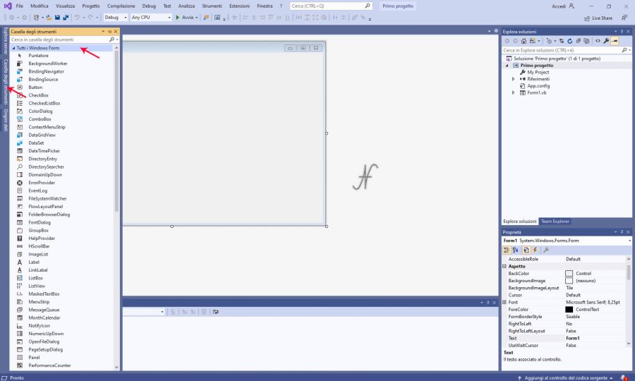 VB.NET, Visual Studio 2019, nuovo progetto windows forms, .NET framework, caselle degli strumenti, imparare a programmare con Visual Basic