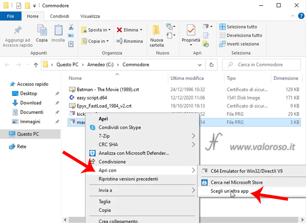 VICE emulatore Commodore, aprire file PRG CRT D64 associazione tasto destro, Esplora file, Apri con