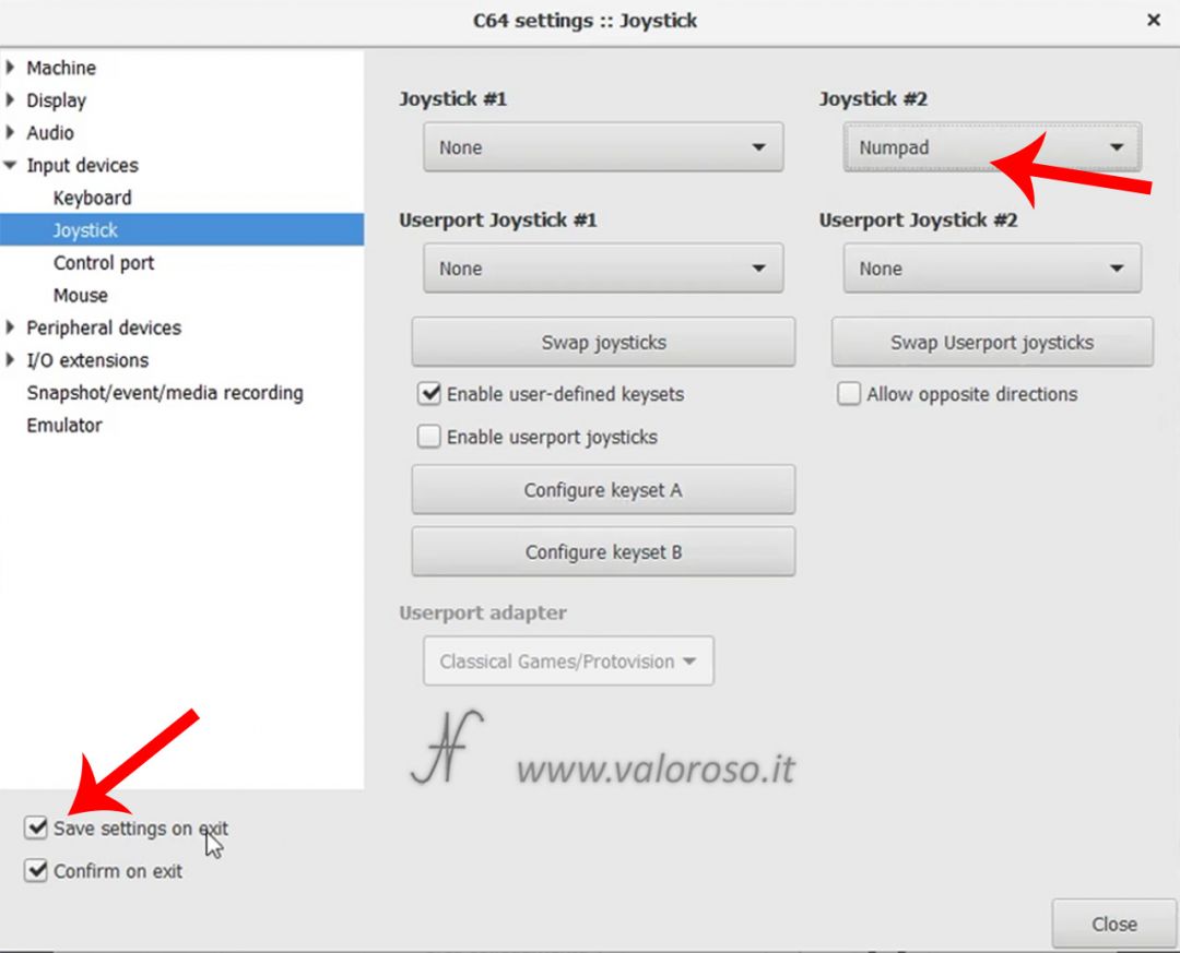 VICE emulatore per Commodore 64, Settings Input devices, Joystick, numpad tastierino numerico tastiera