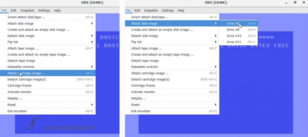 VICE emulatore per Commodore 64, collegare cartuccia Epyx Fastload, aprire immagine disco D64