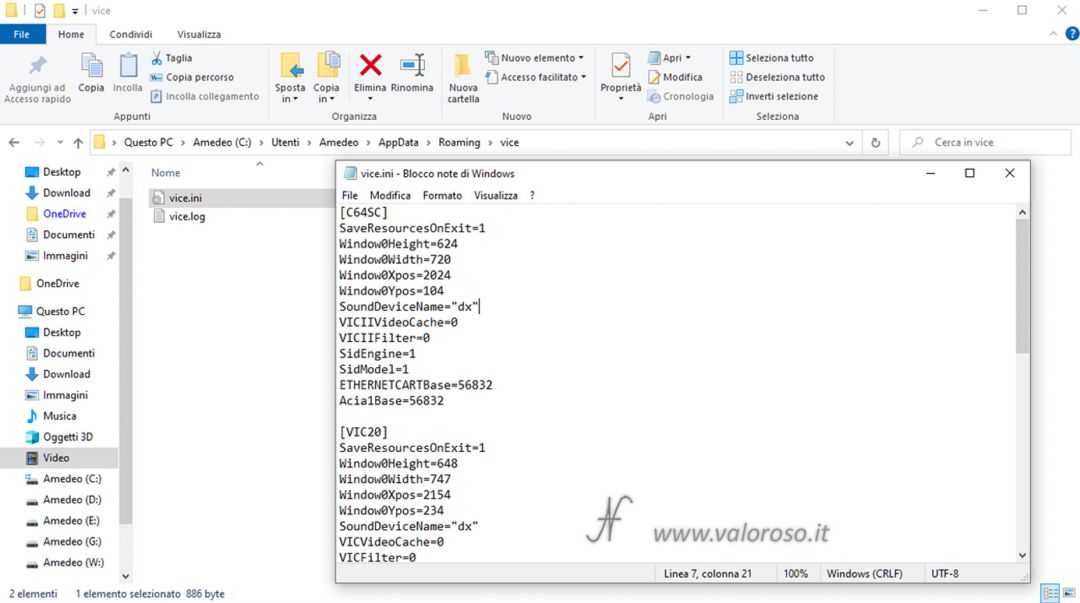 VICE emulatore per Commodore, incasinato resettare la configurazione default, C:\Users\Nome\AppData\Roaming\vice\vice.ini