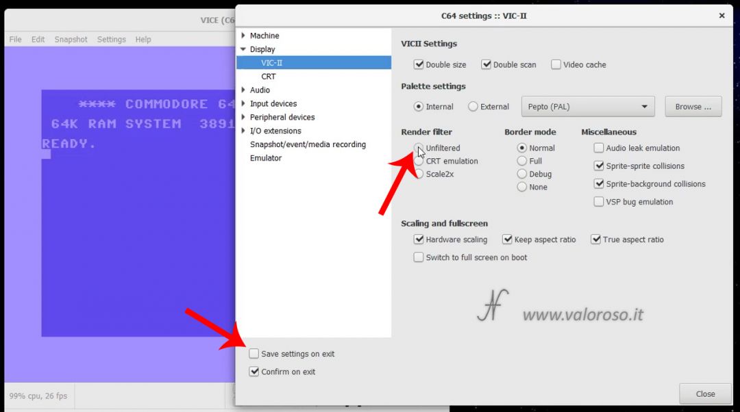 VICE emulatore per Commodore 64, togliere effetto CRT tubo catodico retinatura save on exit, Settings, Display, VIC-II, effetto monitor