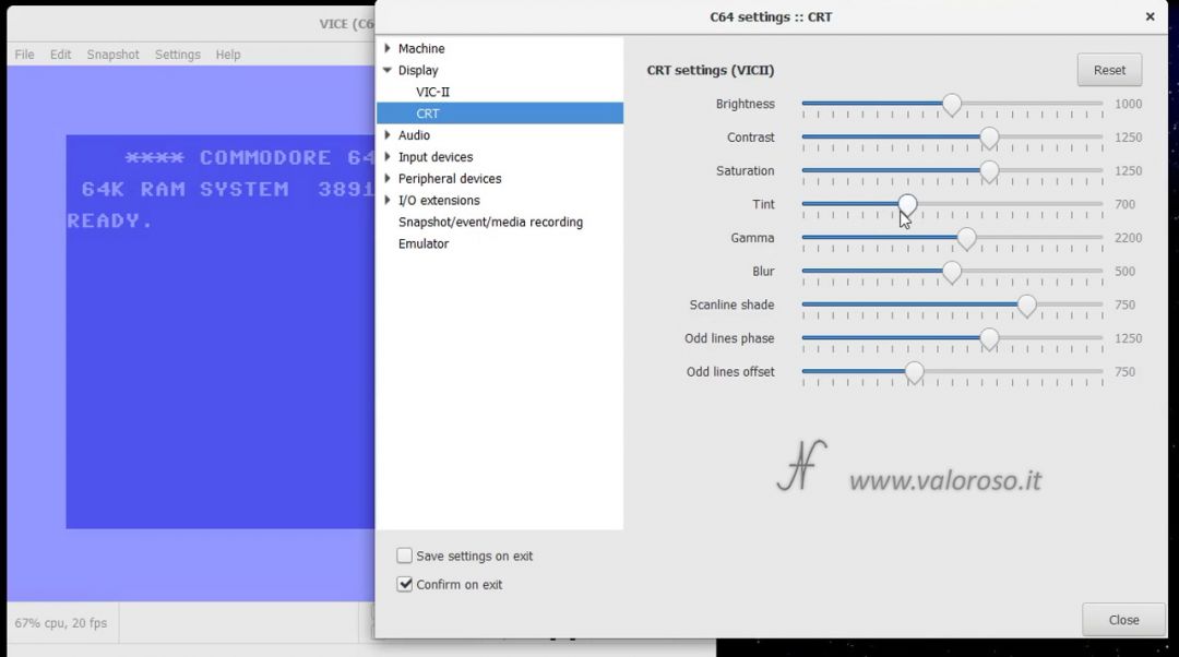 VICE emulatore per Commodore 64, viola cambiare colore tinta luminosita, Settings, Display, CRT, sistemare colore