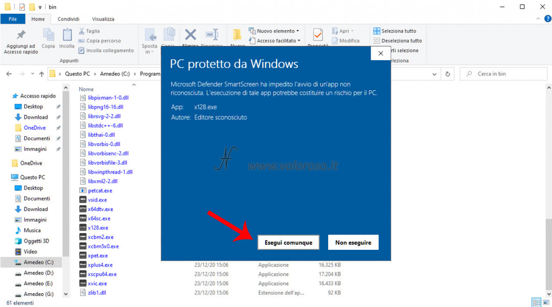 VICE emulatore per Commodore 8 bit, eseguire avviare comunque, windows defender smart screen