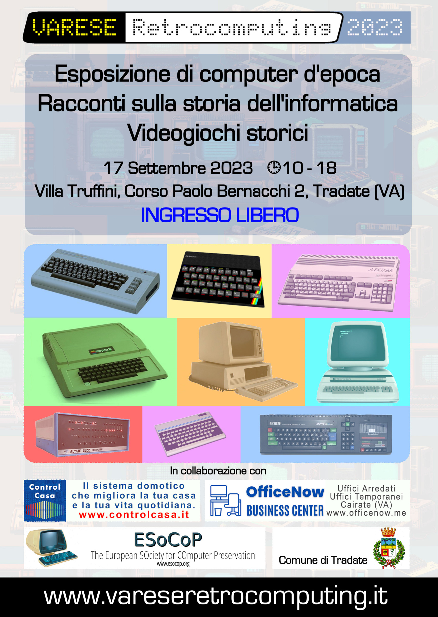 Varese Retrocomputing 2023, vintage computer exhibition, Tradate, Villa Truffini, Varese, Malpensa. Exhibition of vintage computers, history of computing, historical video games.