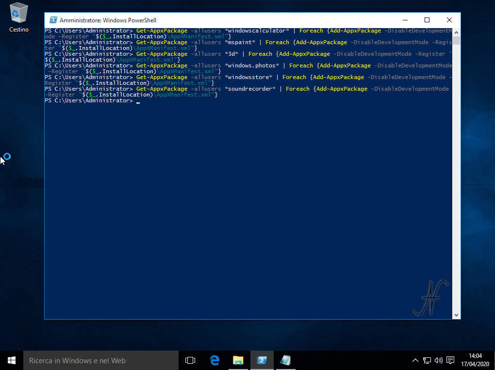 Windows 10, PowerShell, esegui come amministratore, reinstallazione, installazione, ripristino, app preinstallate, Tutorial, Get-AppxPackage -allusers *windowscalculator* | Foreach {Add-AppxPackage -DisableDevelopmentMode -Register “$($_.InstallLocation)\AppXManifest.xml”}