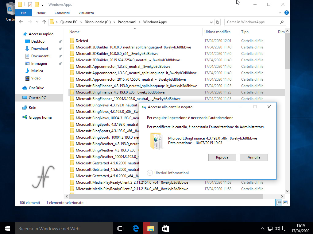 Windows 10, removing Preinstalled Apps, Permission Required, c:Program filesWindowsApps