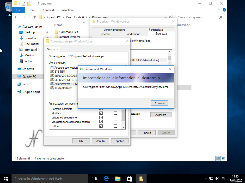 Windows 10, abilitare modifica cartella C:\Programmi\WindowsApps, controllo completo, modifica, Rimozione definitiva delle App preinstallate di Windows 10, Impostazione delle informazioni di sicurezza WindowsApps