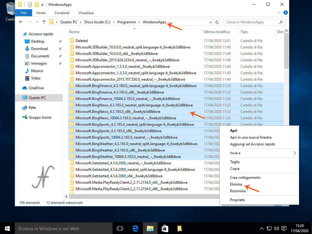 Windows 10, Cancellazione App preinstallate, C:\Programmi\WindowsApps, cancellazione cartelle, file, Rimozione definitiva delle App preinstallate di Windows 10