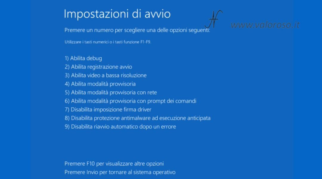 Windows 10 disabilitare disabilita imposizione firma driver schermo blu tasto 7