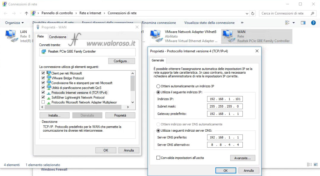 Windows 10 impostare indirizzo IP statico rete locale LAN computer server pannello di controllo, proprieta protocollo internet versione 4 ipv4, sistema operativo, connessioni di rete, impostazioni scheda di rete