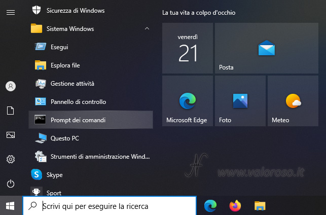 Windows 10 menu avvio Sistema Windows Prompt dei comandi CMD